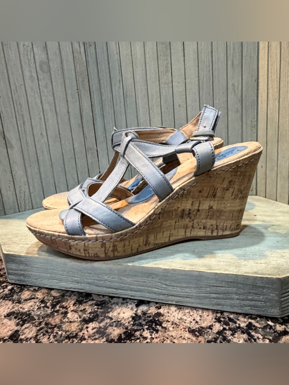 Boc Wedge Sandals in Light Blue/Gray - Comfortable Strappy Leather Heels 9